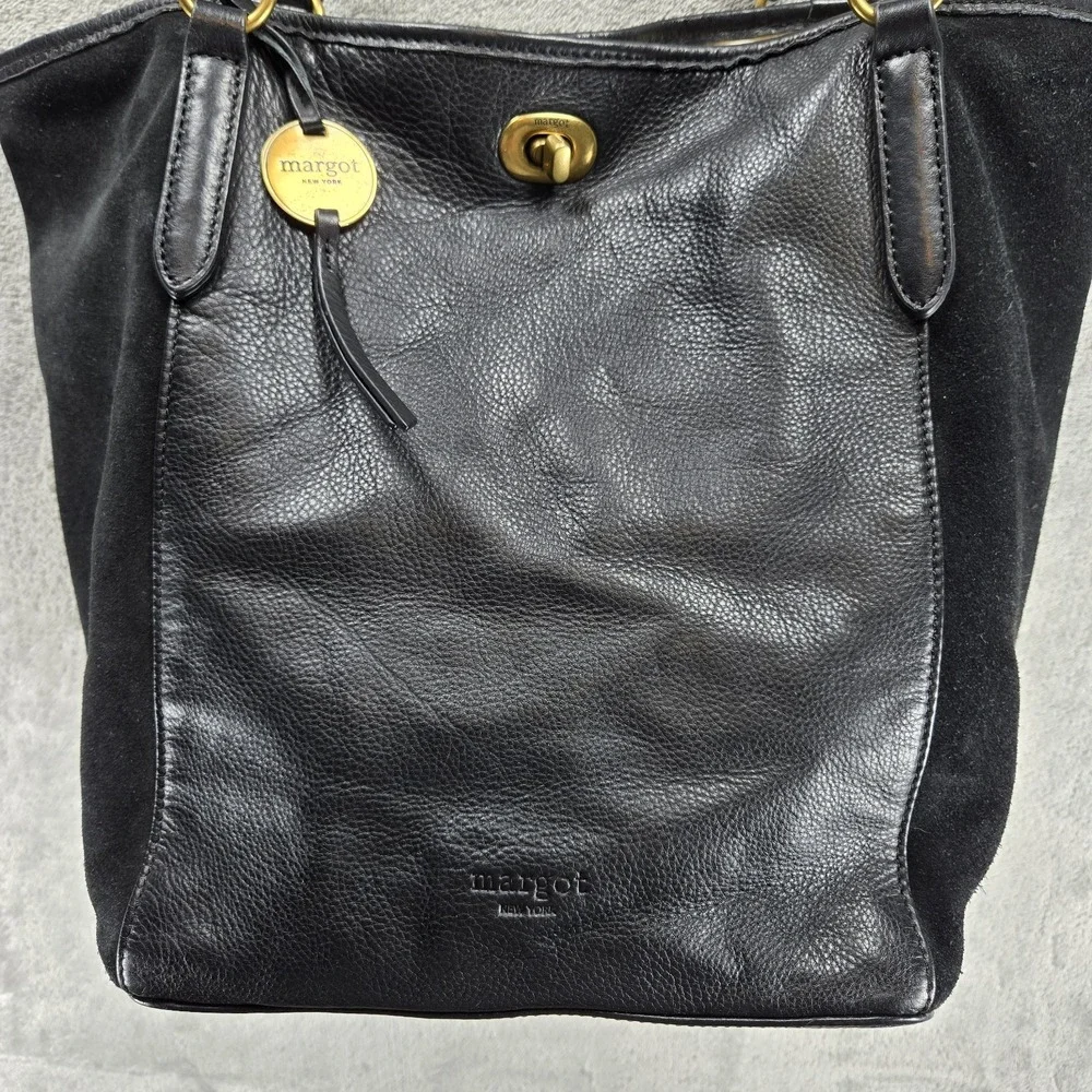 Margo New York Turnlock Hobo Tote Leather And Suede Lined Mixed Media Black